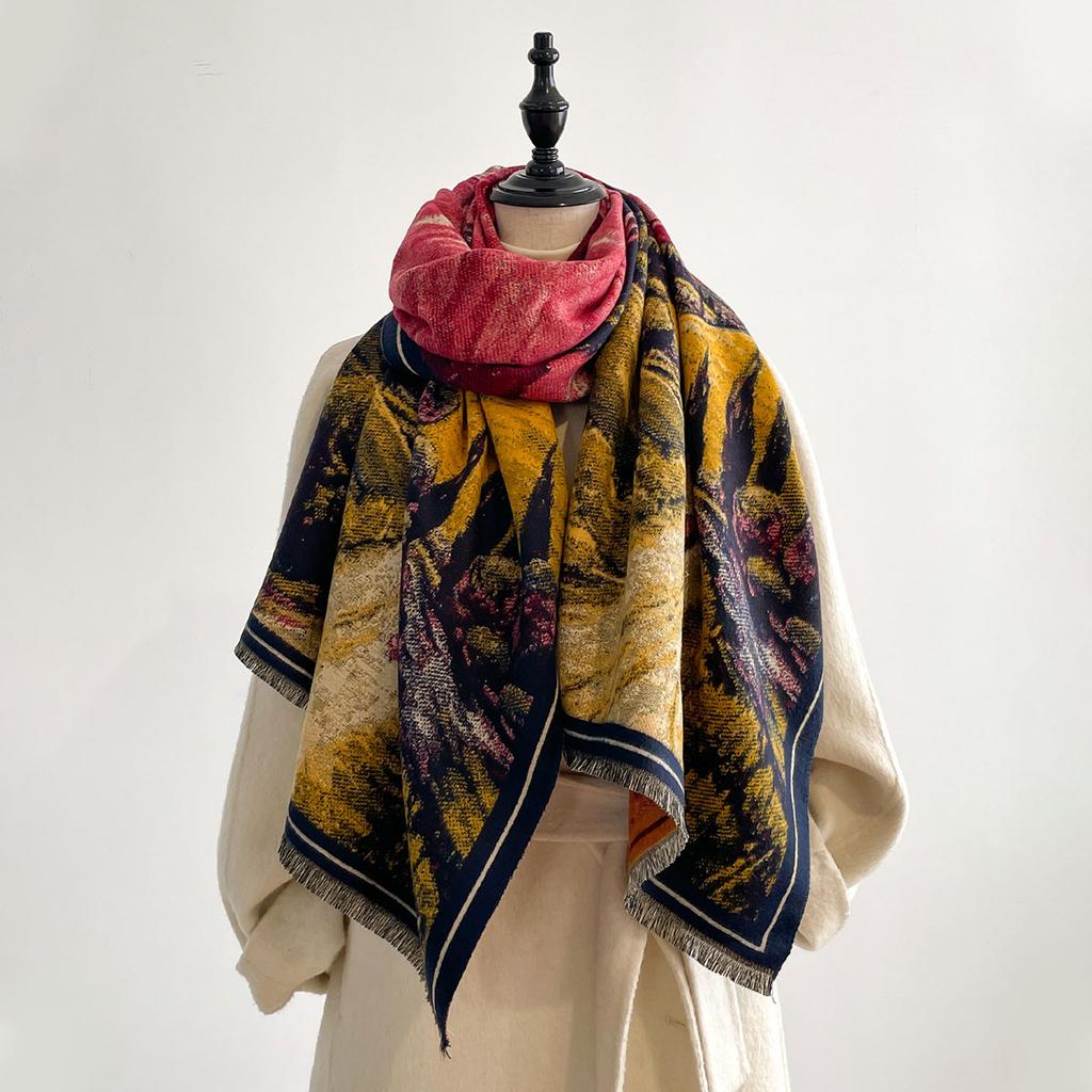 Design Scarves Women Autumn Winter Thicken Scarf Imitation Cashmere Oil Painting Shawl Warm Coldproof Windproof Blanket