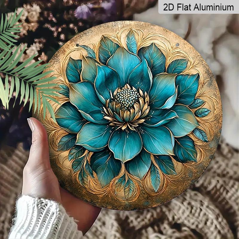 2D Flat, 1pc Retro Turquoise Flower Mosaic Round Wall Art, 2D Aluminum Sign with Golden Accents Frameless, Perfect for Home Decor, Balcony, Rustic