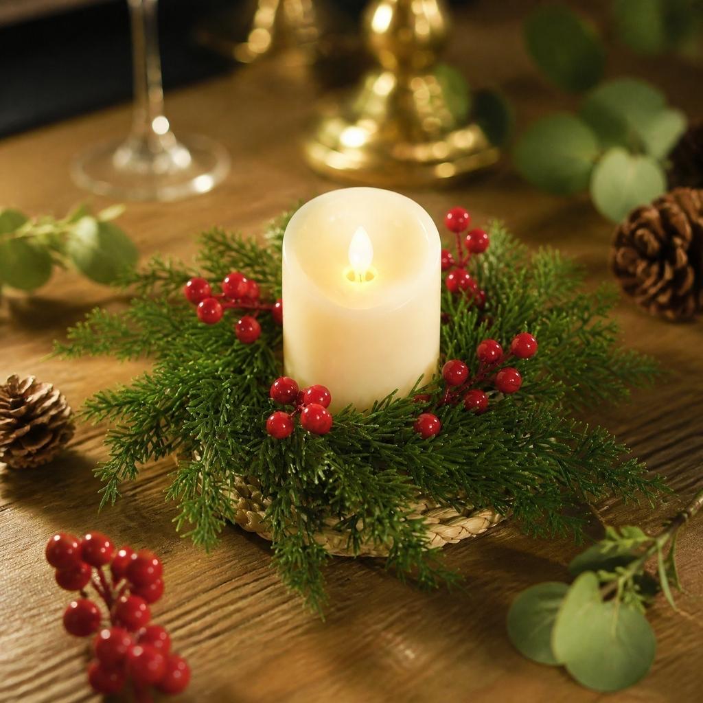 Artificial Christmas Candle Wreath - Faux Decorative for Candle Holder, Holiday Table Centerpiece