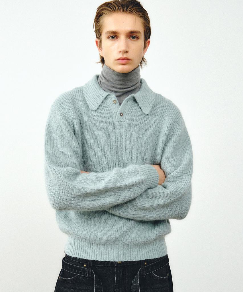 NOIRER Kid Mohair Crop Polo Knit (Aqua Mint)