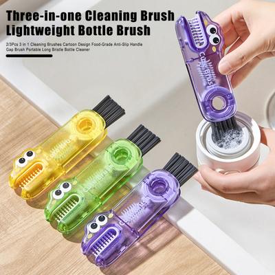 2/3Pcs 3 In 1 Cleaning Brushes Cartoon Design Food-Grade Anti-Slip Handle Gap Brush Portable Long Bristle Bottle Cleaner