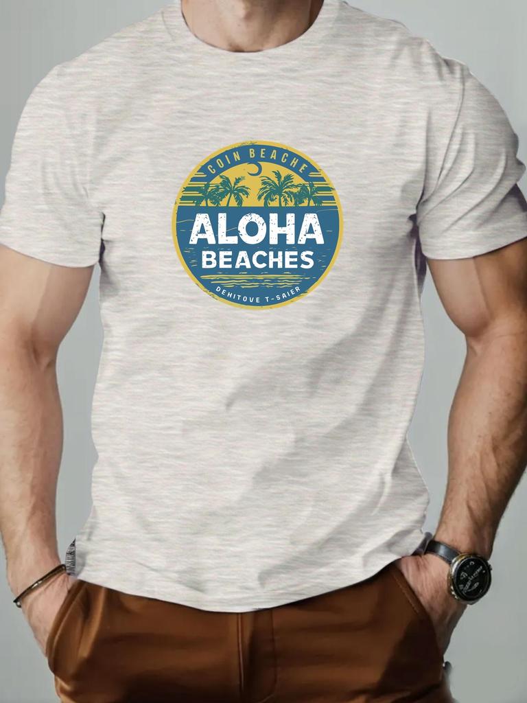 2025 New Hot Sale Mens Summer Short Sleeve TShirt with Aloha Beaches Retro Palm Tree Print Casual Soft Breathable Cotton Tee