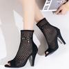 2025 Sexy Female Sandals Peep Toe Flock Suede Breathable Mesh Zipper Belt Buckle Thin High Heels 10cm Plus Size