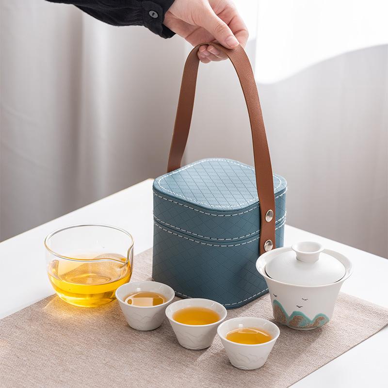 Hand-painted Glaze Painting Distant Mountain Travel Tea Set, One Pot, Three Cups, Outdoor Portable, High-end Business Commemorative Gift