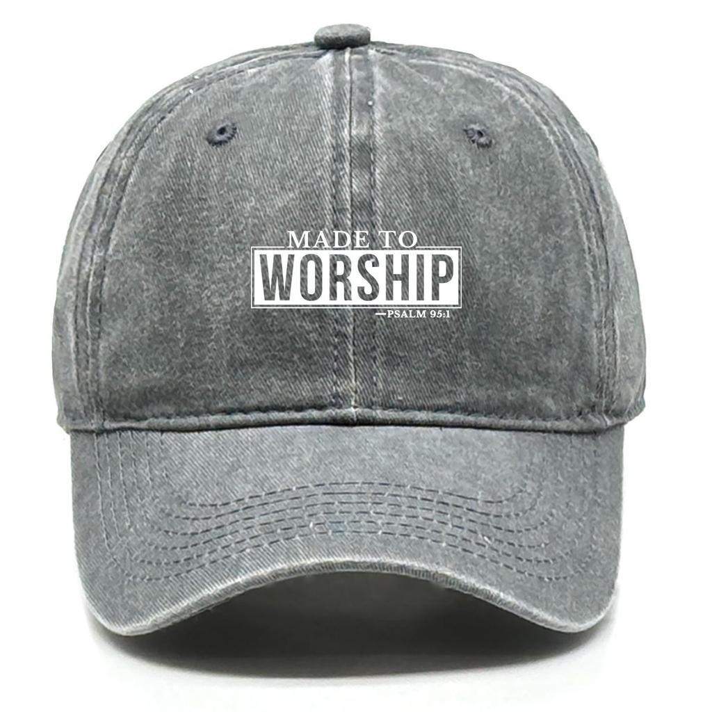MADE TO WORSHIP" Print Snapback Baseball Hat, Bible Scriptures Trucker Hat Washed Stylish Summer Cozy Snapback Baseball Cap