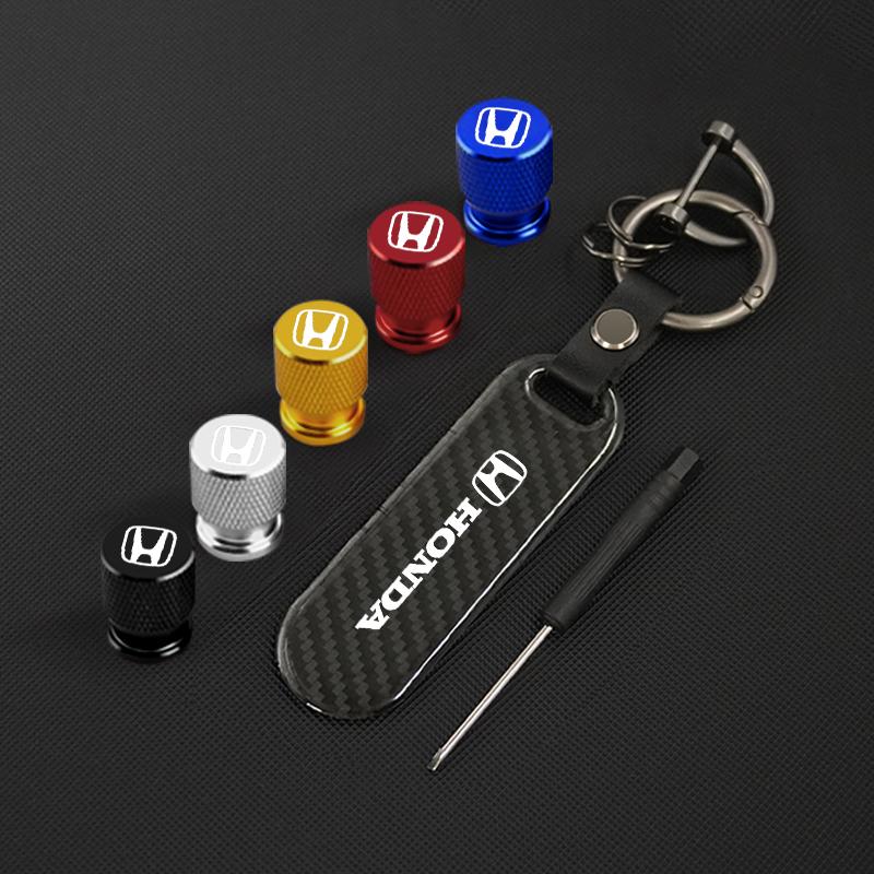 AAAKS1 Motorcycle Carbon Fiber Key Chain +Wheel Tire Valve Caps Set for Mugen Power Honda Civic Accord CRV Hrv Jazz Styling Accessories