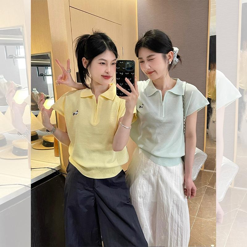 Polo Collar, Half-zipper, Straight-shoulder Short-sleeved T-shirt for Women, Summer Grey Lapel Knitted Sweater, Short Korean-style Top