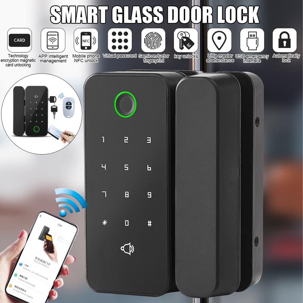 APP Smart Fingerprint Biometrics Number Code Card Password Lock Frameless Frame Glass Push Sliding Door for Home Office  Black