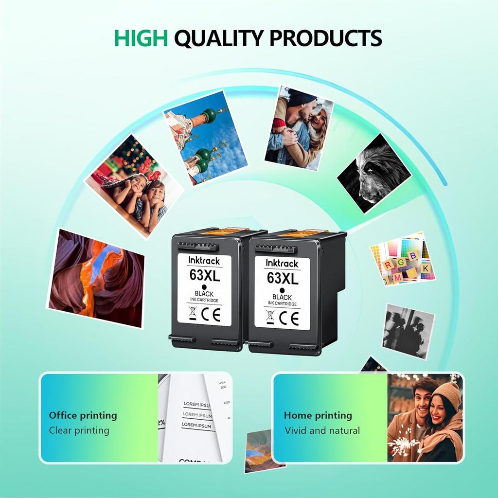 63XL Black Ink Cartridge (2-Pack) High-Yield for HP Ink 63 63XL HP63 XL Combo Pack Works with HP DeskJet 1112, 2130, 3630 Series; Envy 4510, 4520