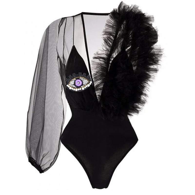 Halloween Limited Swimsuit Deep V Mesh Splicing Perspective Demon s Eye Sexy One-Piece Swimsuit S чёрный