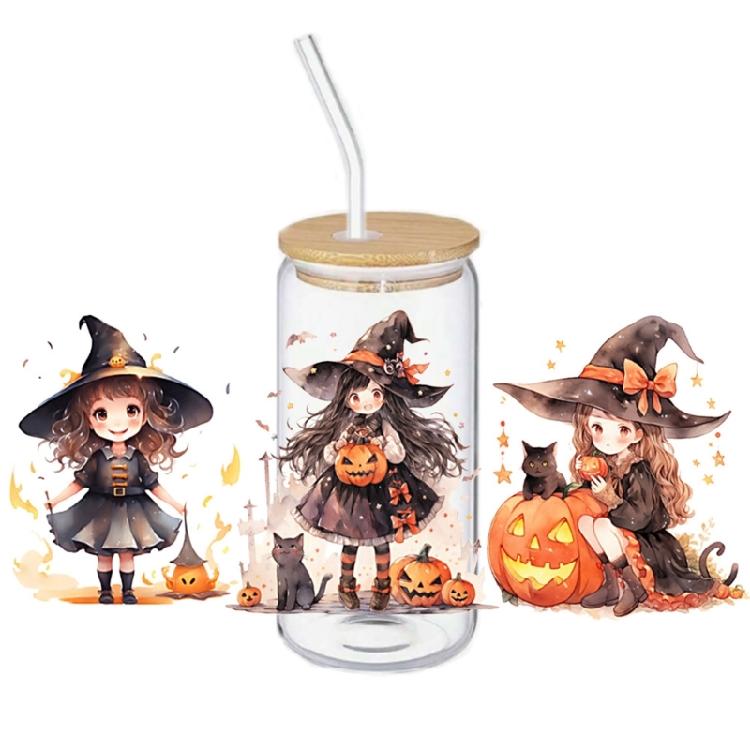 Horror Halloween 16Oz Glass Cup Tumblers Transfer Sticker Cartoon Girl Pattern Adhesive Decal for Holiday Decorations