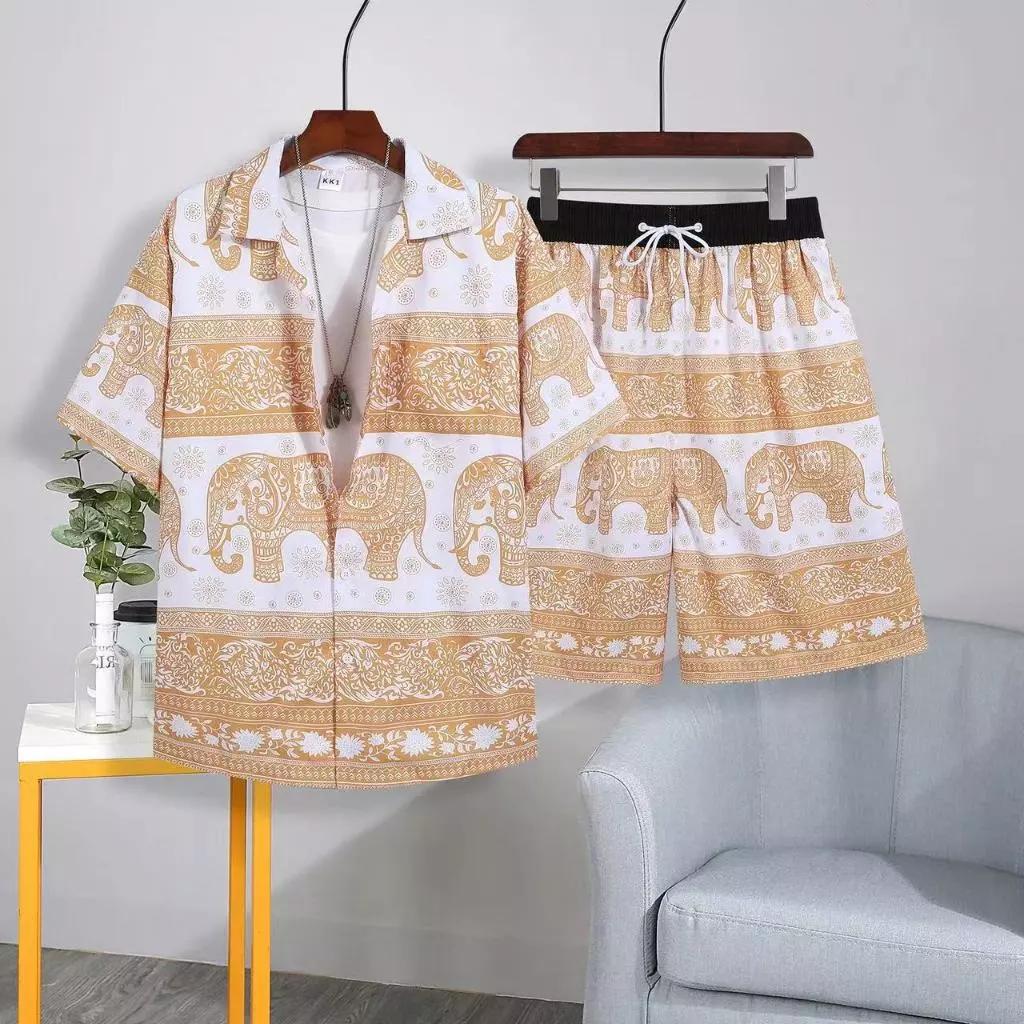 

Комплект шорты и рубашка с брюками-слонами V-образный вырез регулируемая эластичная талия ремешок женский мужской унисекс принт Таиланд повседневный пляжный летний богемный ретро винтажный 3XL