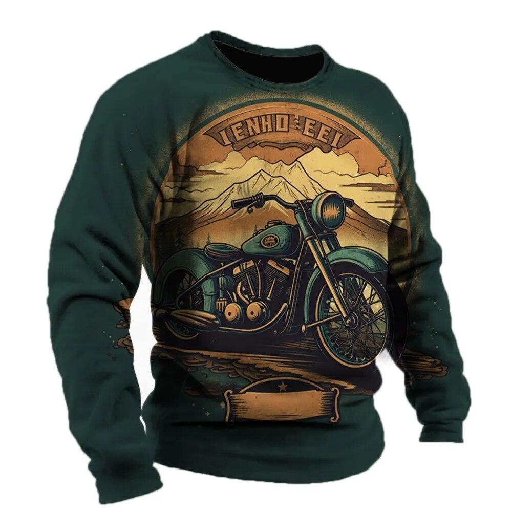 Vintage Men's T-shirt Cotton Motorcycle Pattern Long Sleeve Tshirts 3D Printed Clothes Graphic Street Harajuku Oversized