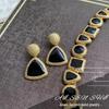 Vintage Geometric Black Gold Jewelry Set: Pre-owned Gold-plated Stud Earrings & Necklace