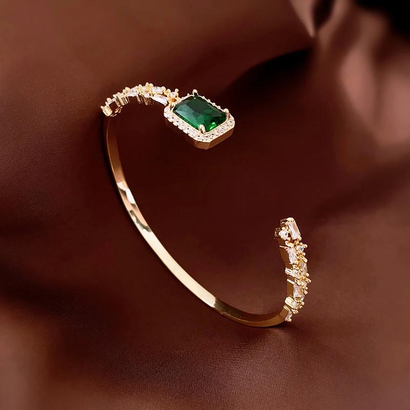 Square Zircon Adjustable Bangles for Women Light Luxury Temperament Cuff Bracelets Personality Emerald Hand Zircon Wholesale