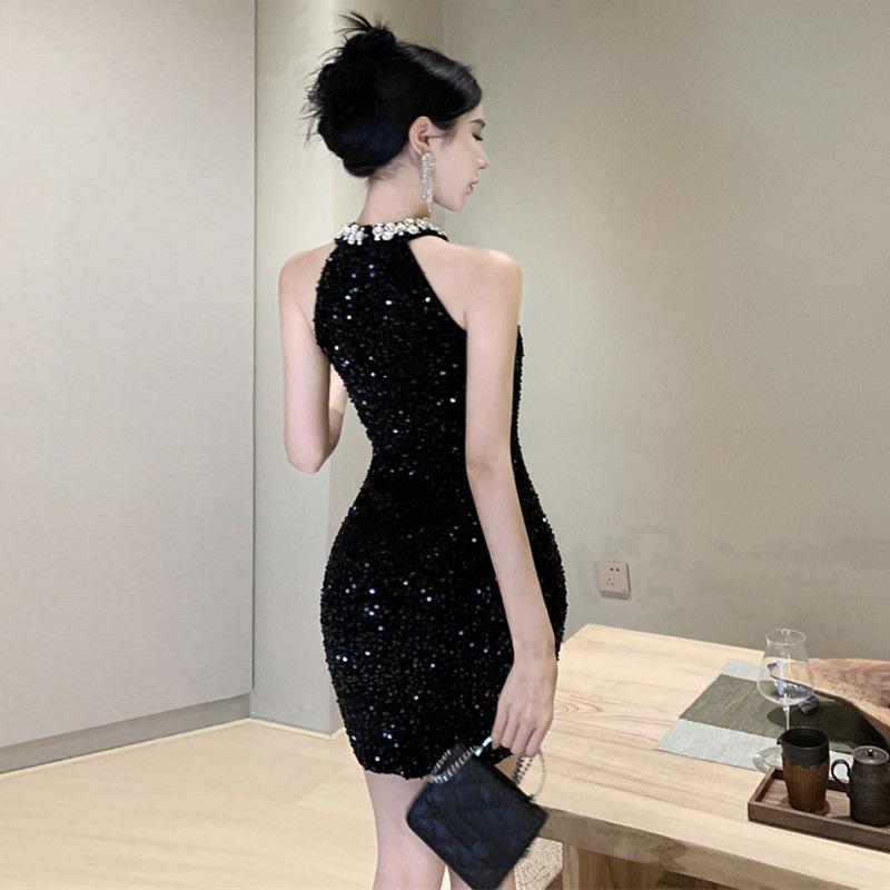 Women's Celebrity Velvet Sequins Slim Fit Dress with Chest Pads