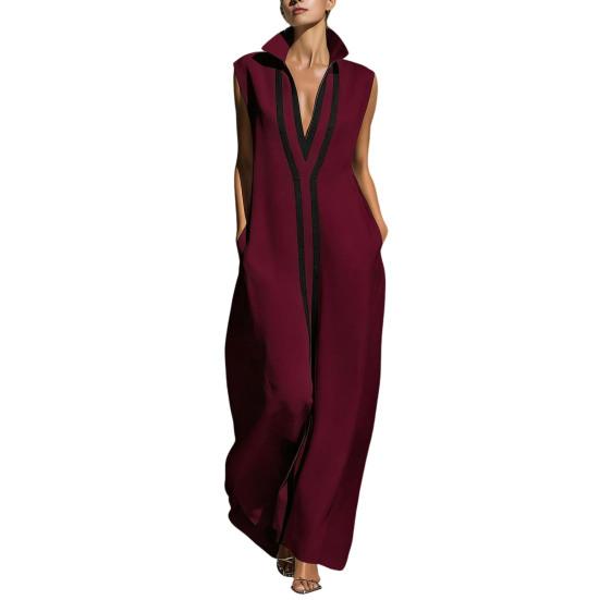 

Women s Sleeveless Dress Stand-Up Collar V Neck Long Dress Loose Fit Polyester Elegant Dress with Geometric Patterns Printed Daily Attire S вино красного