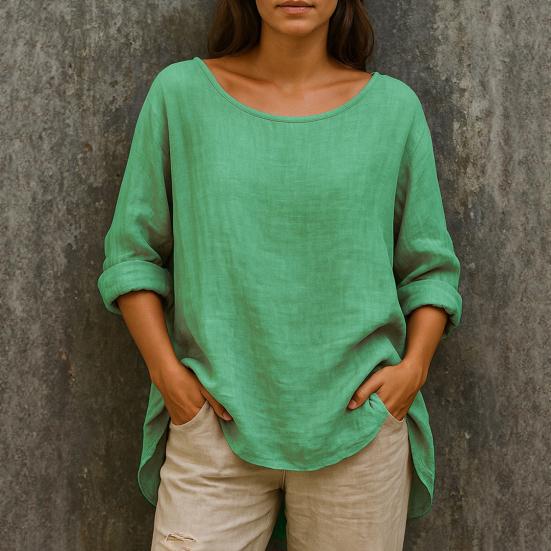 Women Tops Round Neck Long Sleeve Loose Fit Casual Blouse Breathable Soft