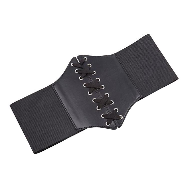 Women's Elastic Waistband Wide Leather Belt, Black, Versatile Fashion Lace-up Dress Accessory