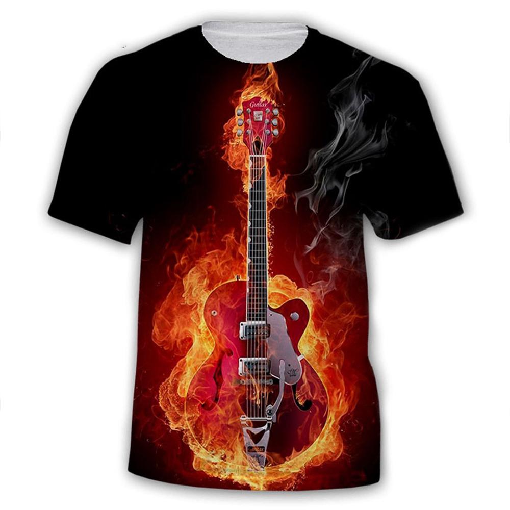 Summer Round Neck 3D Guitars Print Top Fashionable Casual Rock Short Sleeved Men's T-shirts
