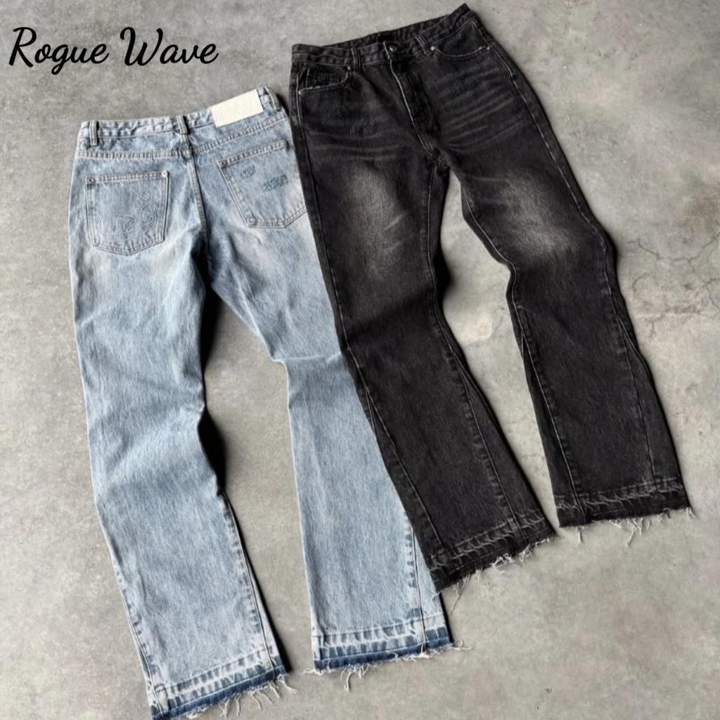 RogueWave Y2K Vintage Slim Fit Jeans Trendy Washed Men Women Harajuku Hip Hop Straight Leg Pants Gothic Fringed Casual Micro Flared Pants