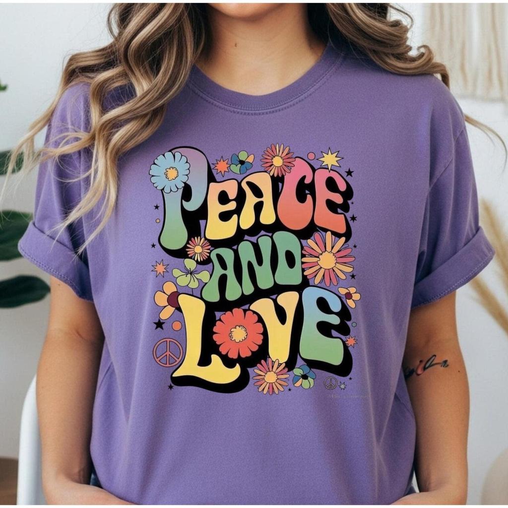 Hippie Graphic Tshirt Retro Flower Peace Love Shirt Women Casual Clothing Groovy Tee 70s Boho Festival Wear Vintage Style Gift Her Summer