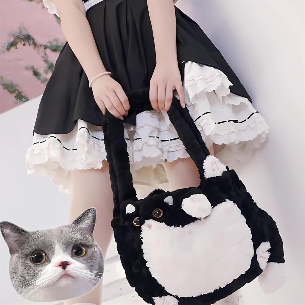 [HUIJUFU] Women's Realistic Fluffy Plush Cat Crossbody Bag (Black & White, Large)