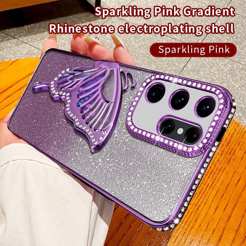 Diamond Glitter Liquid Quicksand Butterfly Phone Holder Case for Samsung Galaxy S25 S24 S23 S22 S21 S20 Ultra FE Plus Cover