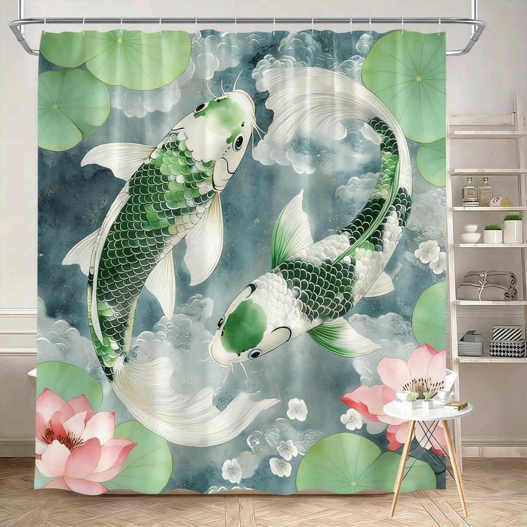 Luxury Golden Koi Fish with Cherry Blossoms Waterproof Shower Curtain for Feng Shui Bathroom Decor