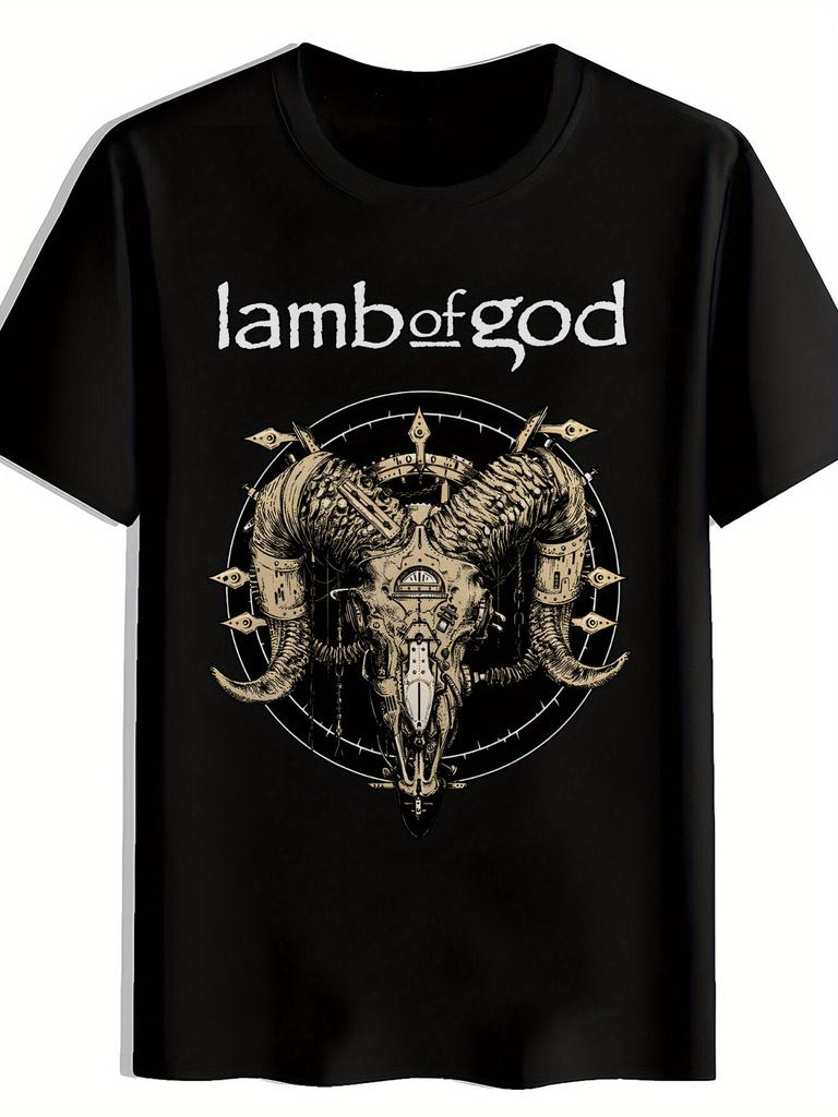 Fashion Men's Retro Rock Band Pattern T-shirt with Round Neckline Featuring "God of Ram" and Retro Metal Design Patterns Men Tee