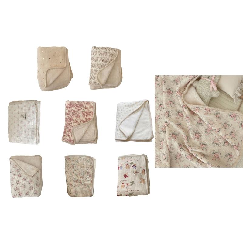 Couverture en Coton Imprimé Réversible Bord Crochet Fleur Couverture Polyvalente Double Épaisseur Chaude pour Bébés & Adultes