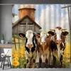 Farm Animal Shower Curtain, Oil Painting Farmhouse Barn Door Donkey Cow Pig Sunflower Spring Bathtub Partition Bathroom Decor