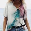 Summer V-neck 3D Marble Pattern Printed Top Fashionable Casual Short Sleeved Women's T-shirts