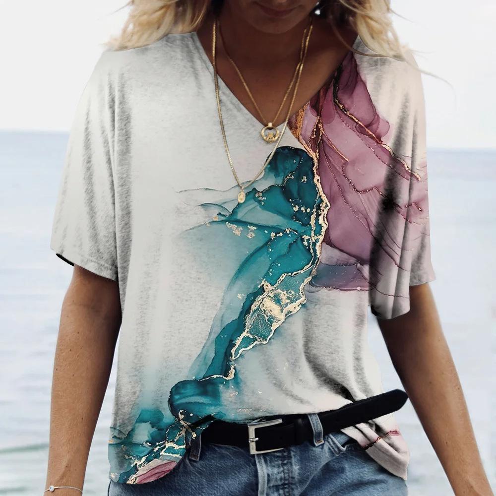 Summer V-neck 3D Marble Pattern Printed Top Fashionable Casual Short Sleeved Women's T-shirts