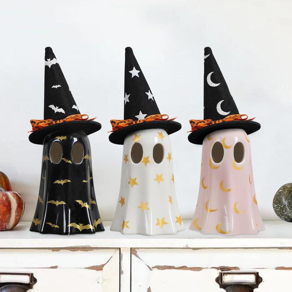 Ghost Statues Halloween Sculpture Resin Ghost Figurine With Witch Hat For Desk Indoor Mantle Table Fireplace Home Bookshelf