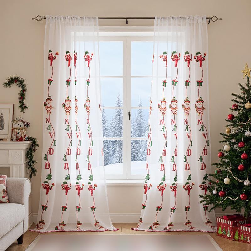 1 Pcs Cartoon Santa Claus Christmas Lace Embroidered Thin Curtain Bedroom Living Room Study Holiday Decor Window Screen