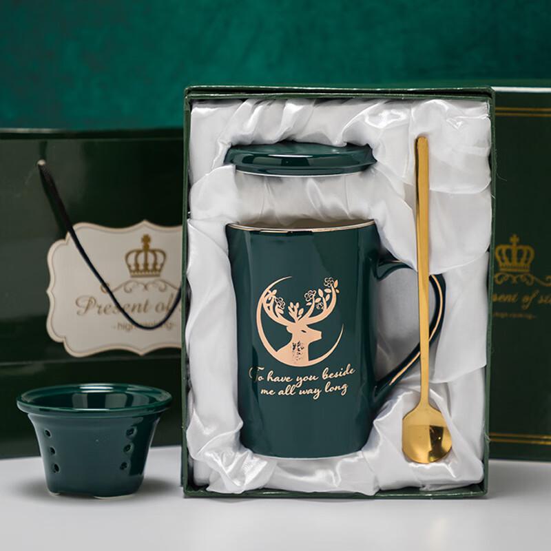 Керамическая кружка Shangqi с золотым ободком и зеленым лосем, с крышкой и ложкой