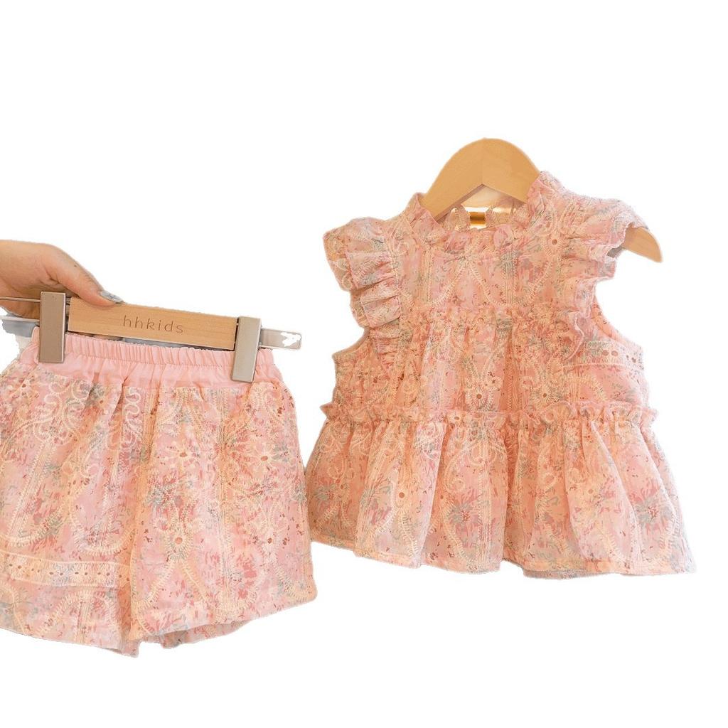 Summer Girls Pink Embroidered Flutter Sleeve Babydoll Top And Shorts 2 Piece Outfit Set