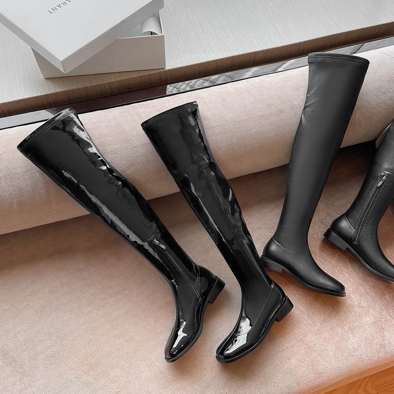 Krazing Pot Podzimní zimní boty z hovězí kůže Velikost 43 Silné nízké podpatky Stovepipe Strečové boty Dámské Teplé kozačky nad kolena