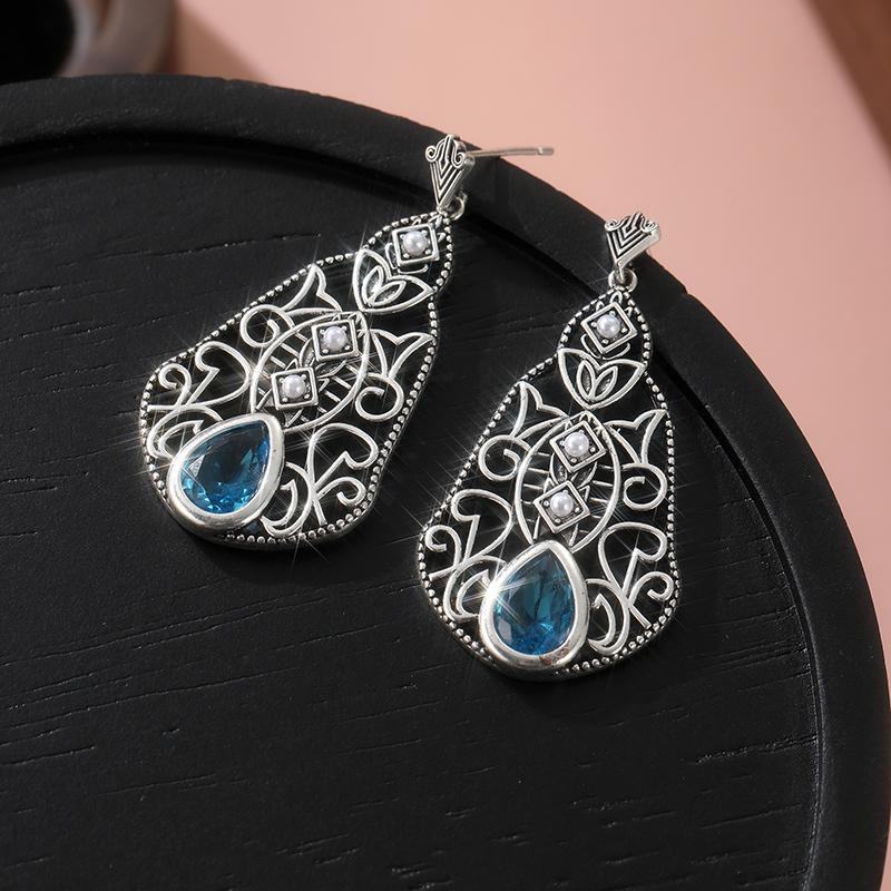 

Vintage Water Droplets Blue Zircon Earrings Mysterious Pattern Carving Pattern Dangle Earrings Jewelry For Women Ethnic style