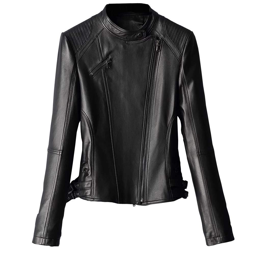 JINLUN Leather Biker Jacket with Stand Lamb Tight Spring Day Plus Size Women's Collar, Leather, Fit, Leather, Black, Mom's Gift, (L, Black)