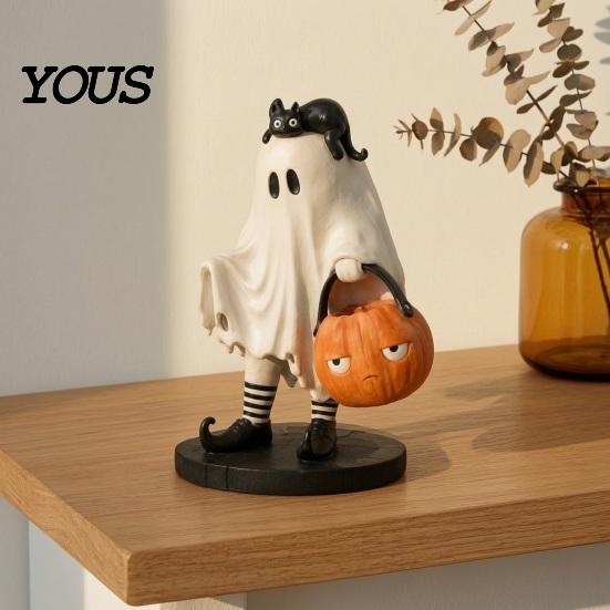 Niedliche Geisterstatue Statue, Schwarze Katze aus Harz mit Kürbis-Eimer Ornament, Halloween-Dekorationsfigur für Zuhause, Feier, Tisch, Kaminsims