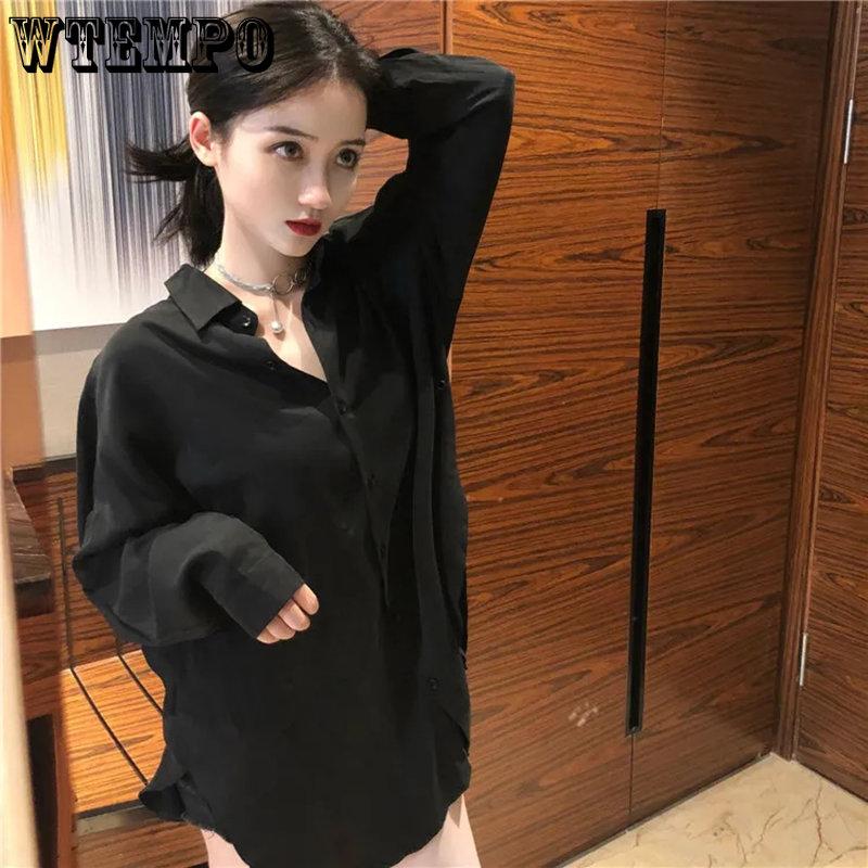 Women Blouses Spring Long Sleeve Black Chiffon Shirt with Belt Ladies Loose All-match Fashion Chic Casual Simple Tops