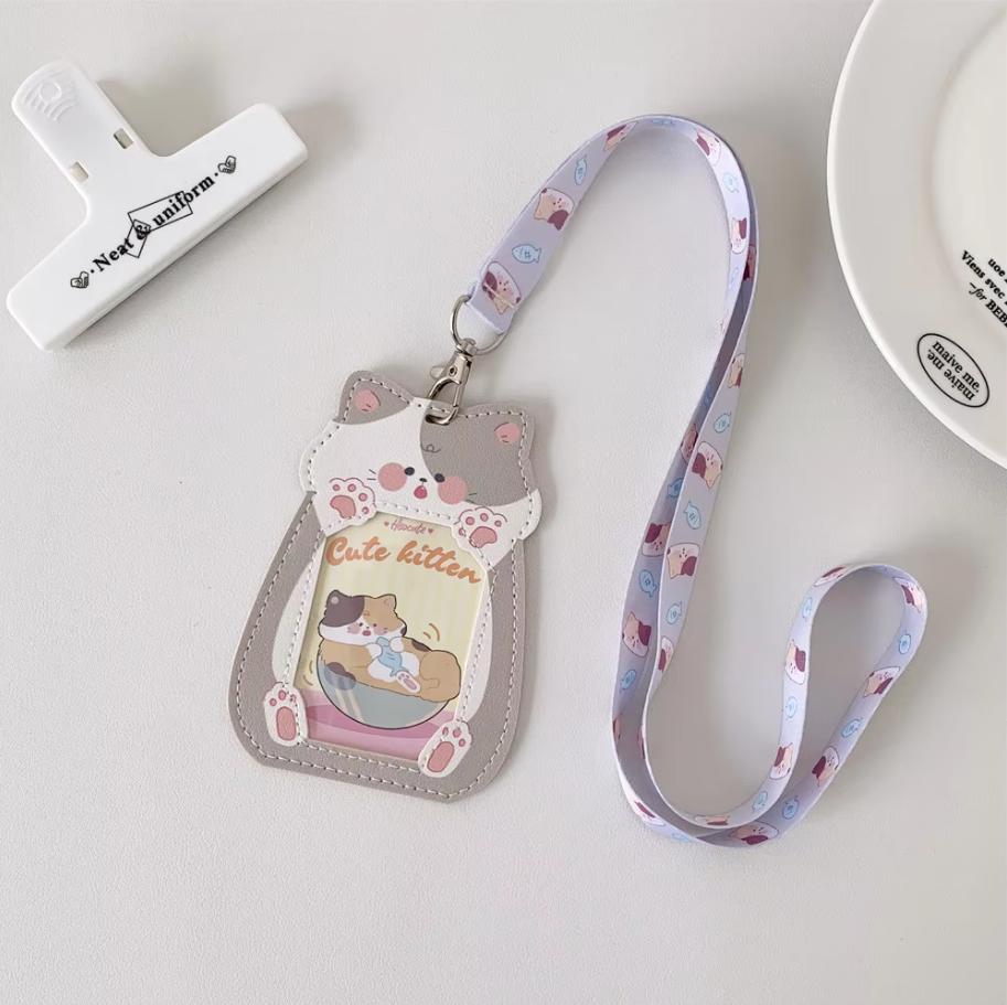Cartoon Puppy Cat Leather 3inch Cards Cover Neck Strap Lanyard Campus Card Holder For Student