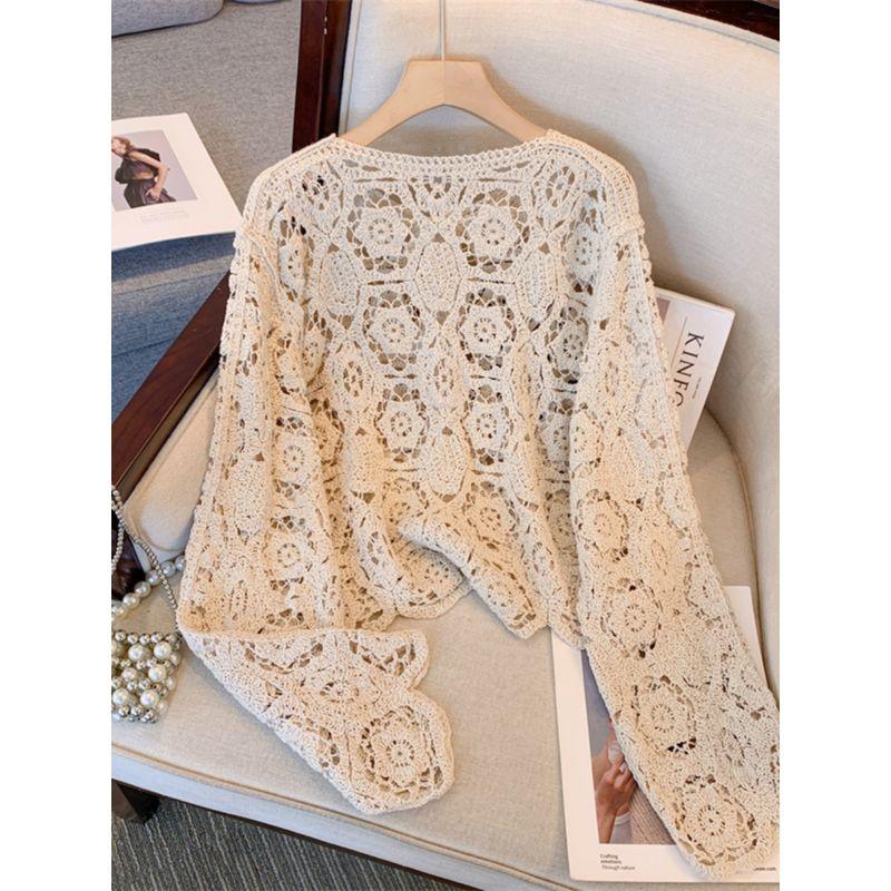 Autumn New European Plus Size Women Clothing Round Neck Single-Breasted Crochet Embroidered Hollow Long Sleeve Cover Up Vacation Sun Protection Shirt