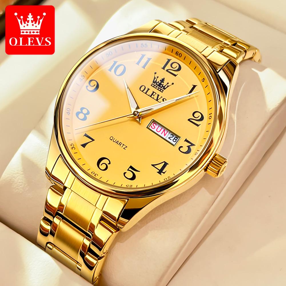 OLEVS 5567 Top Men's Watches Waterproof Gold Stainless Steel Watch Strap Quartz Watch Dual Calendar Luminous Fashion Wristwatch