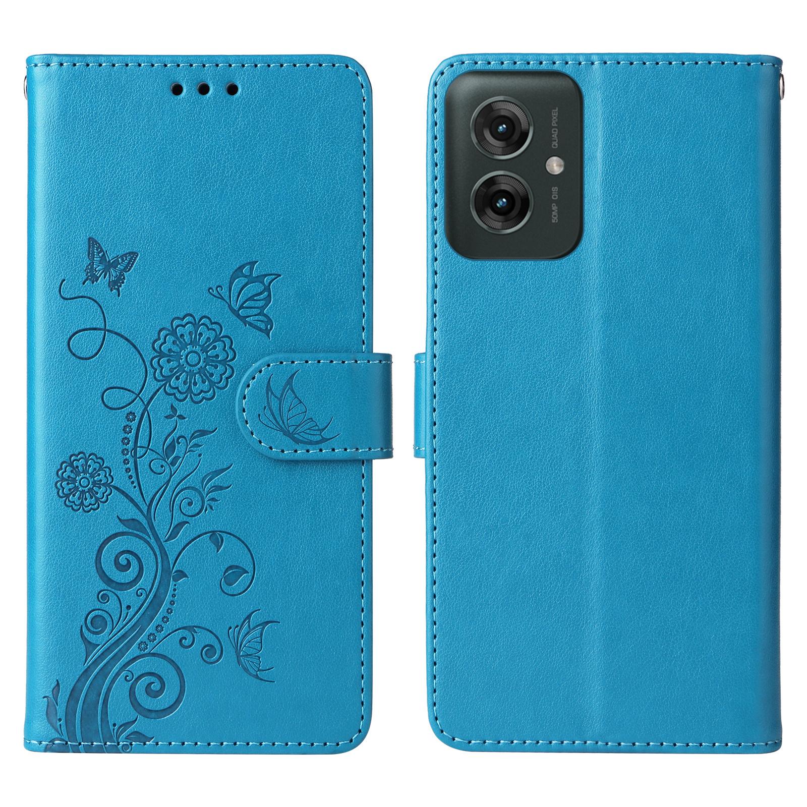 

For Motorola Moto G55 5G Case Butterfly Floral Imprint Wallet Stand Leather Phone Cover Blue