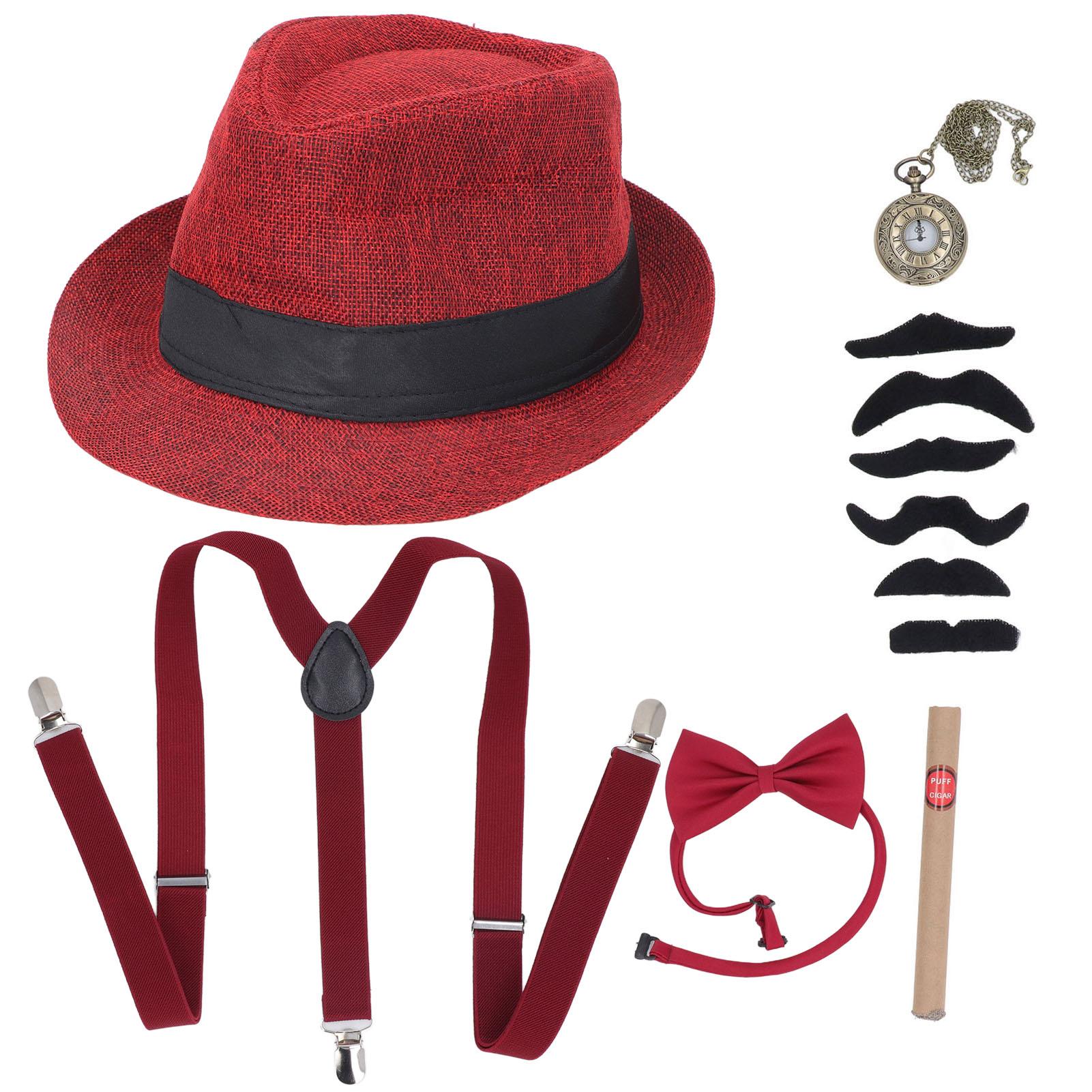 

Костюм дедушки 1920-х годов, комплект со шляпой, карманными часами, поддельными сигарами, подтяжками, бородой, галстуком-бабочкой, 100 дней Red