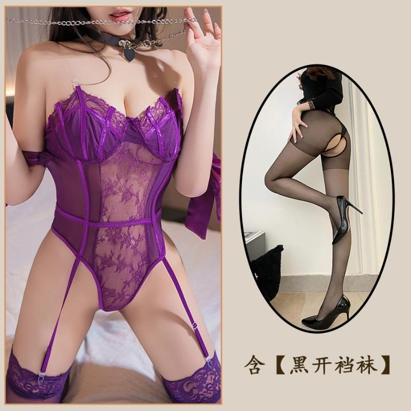 Lace sex perspective suit, sexy bow straps, pure desire, one-word feminine purple onesie women
