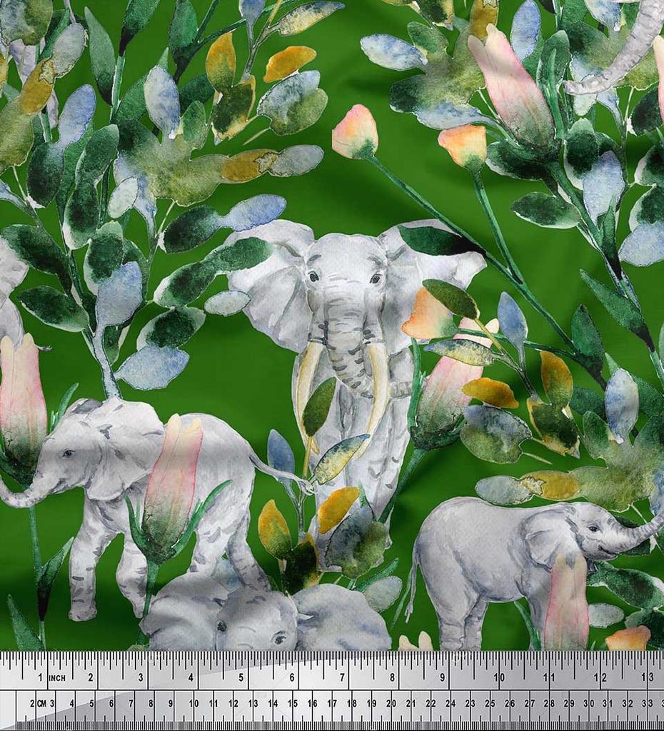Soimoi Japan Crepe Satin Fabric Leaves,Floral & Elephant Animal Printed Craft Fabric by the metre 42 Inch